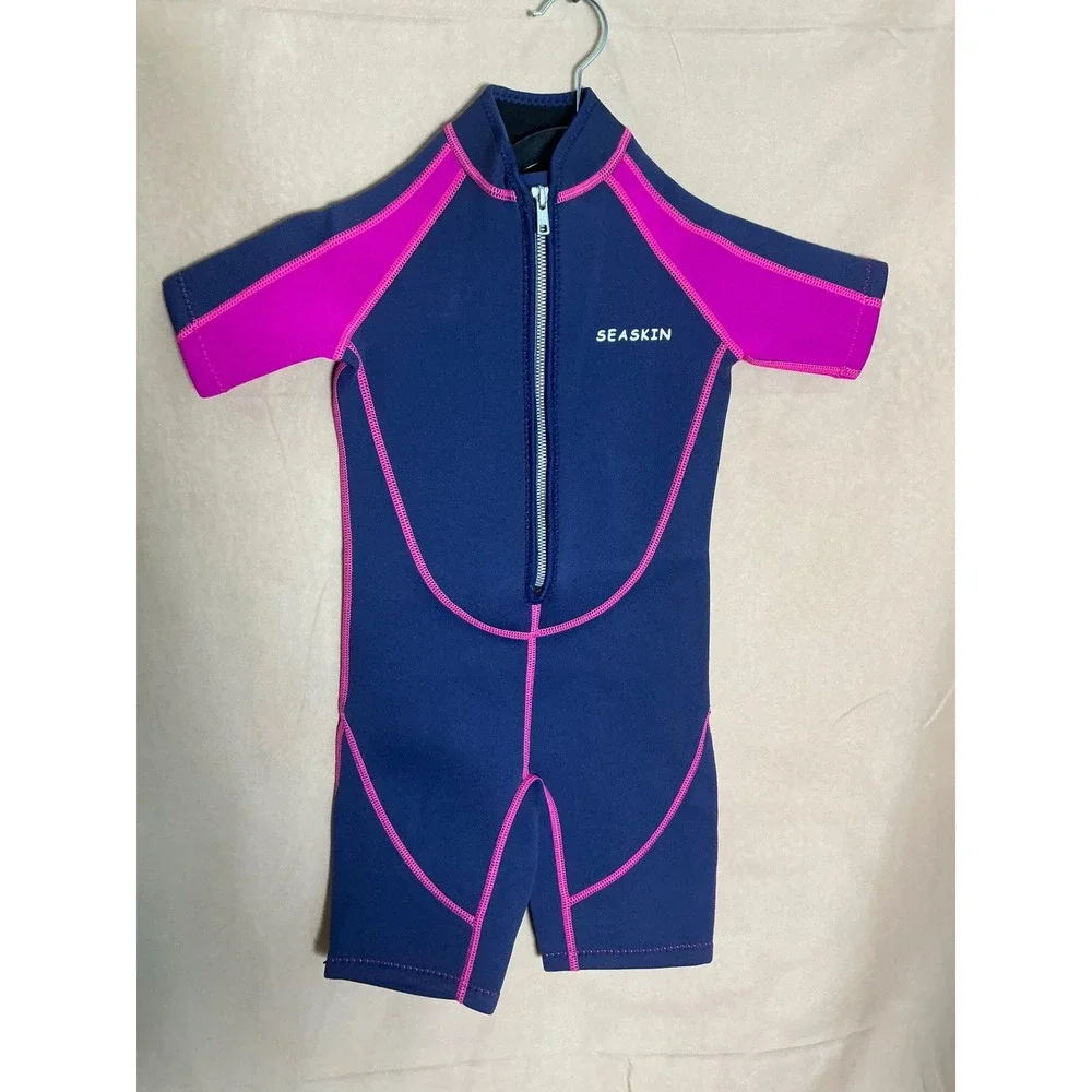 Seaskin Wetsuit Girls Size 6 Navy Blue Pink Excellent Shorty Front Zip Short Slv